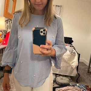 Business casual blue and pearl shirt
